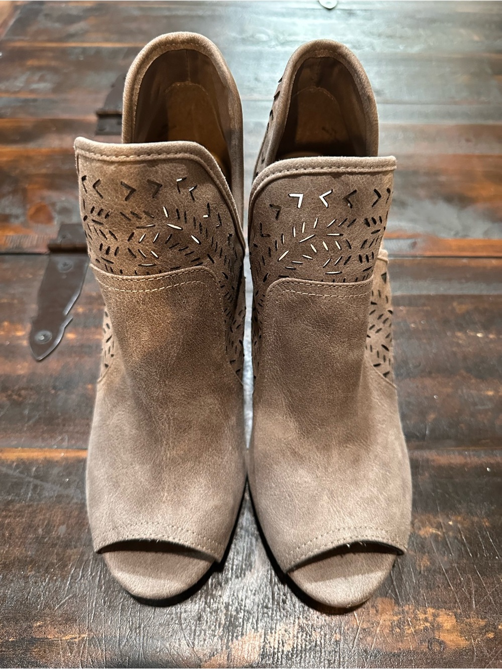 Fergalicious Taupe Suede Peep-Toe Laser-Cut Ankle Booties